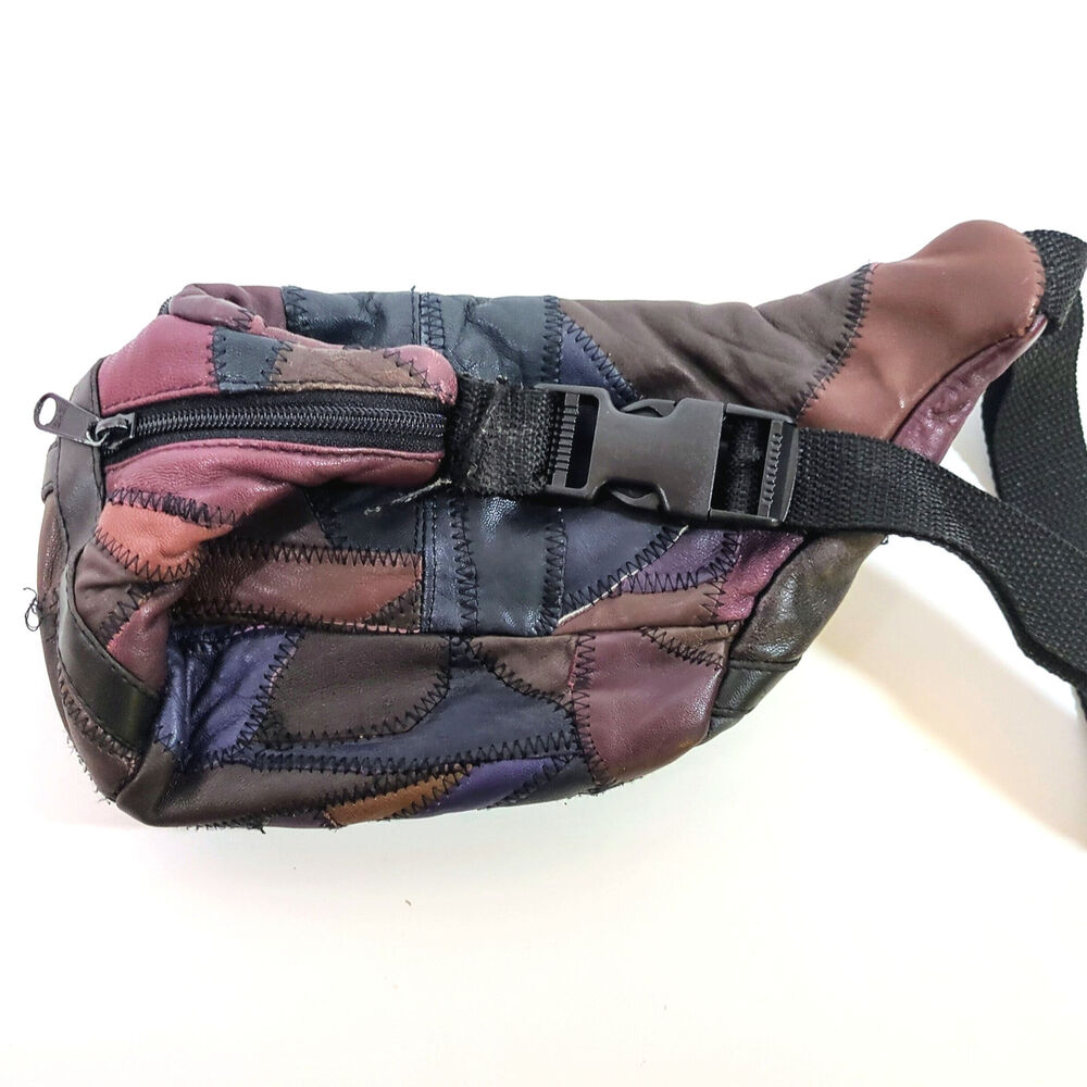 VTG Leather Patchwork Fanny Pack Brown Purple Blue Tan Belt Bag 9 x 5.5 x 3" 80s - Picture 5 of 10